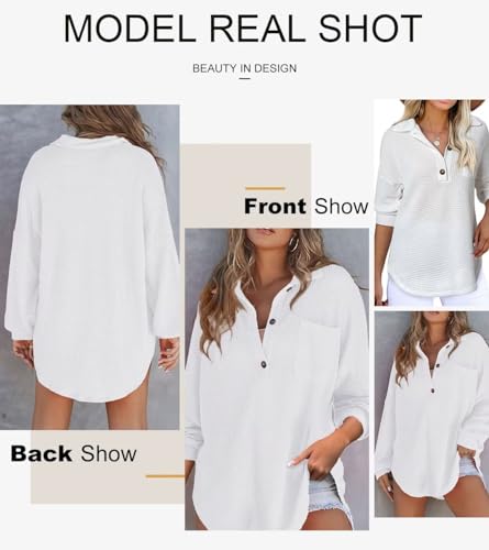 Astylish Women Waffle Knit Tops Henley Shirts - color: White, size: X-Large