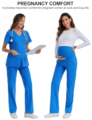 QBK Women's Maternity Scrub Pants Cargo Work Pants 4-Way Stretch 6 Pockets - color: Royalblue, size: X-Large