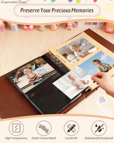 Leather Baby Scrapbook Album, Baby Memory Keepsake for New Moms & Dads - color: Brown