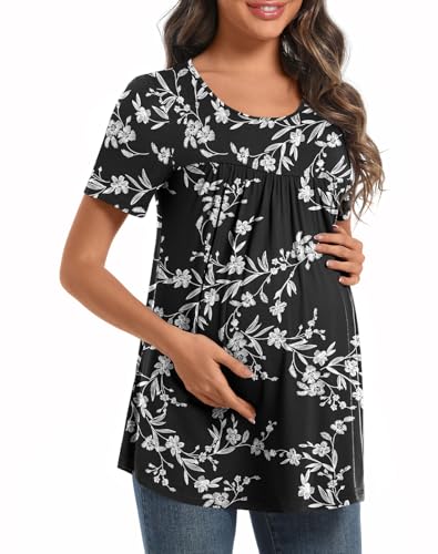 Maternity Tops for Women Summer Pleated Shirt - color: Black Carved White, size: Large