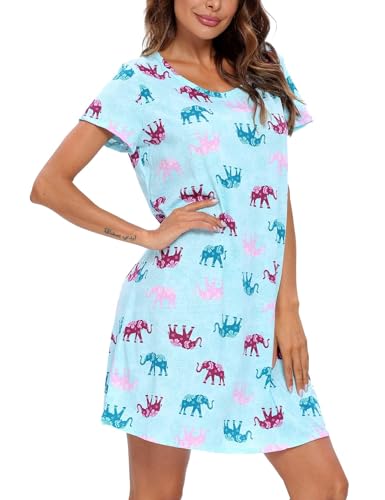 ENJOYNIGHT Womens Nightgown Cotton Sleep Shirt Short Sleeve Nightshirt - color: Blue Elephant, size: Medium