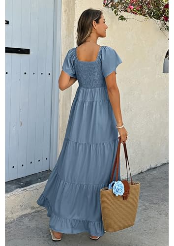 ECOWISH Womens Summer Maxi Dress 2026 Flutter Short Sleeve V Neck Tie Front Wedding Guest Vacation Tiered Flowy Dresses - color: Grey Blue, size: Medium