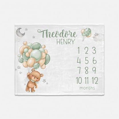 Personalized Milestone Blankets Boy Bear Balloon Baby Milestones Blanket, Milestone Throw's, Bear Boy Neutral Milestone Throw, Lullaby Bear Blanket's - color: Bear Balloon