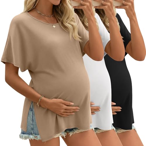 Riyiper 3 Pack Women's Maternity Tunic Cotton Shirts - color: Khaki, White, Black, size: Large
