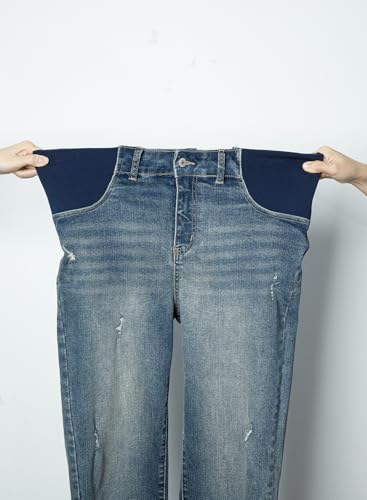 BLENCOT Maternity Jeans High Rise Stretchy Waistband Straight Leg - color: Sail Blue, size: Medium