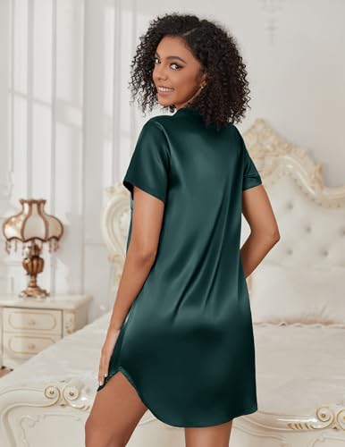 Ekouaer Women's Satin Nightshirt Button Down Sleepshirt Silk Nightgown - color: Green, size: Large