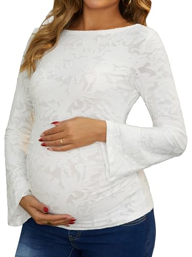 Womens Maternity Lace Floral Bell Sleeves Semi-Sheer Blouses - color: White, size: Large