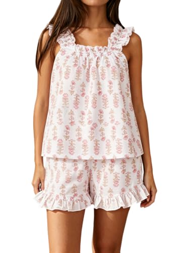 Women's Summer Pajama Set Cotton Ruffle Loungewear Sets - color: Pink Lotus, size: Medium
