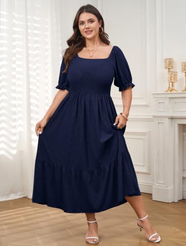 CICIDUDU Plus Size Casual Summer Milkmaid Maxi Dresses for Curvy Women - color: Navy Blue, size: XX-Large Plus