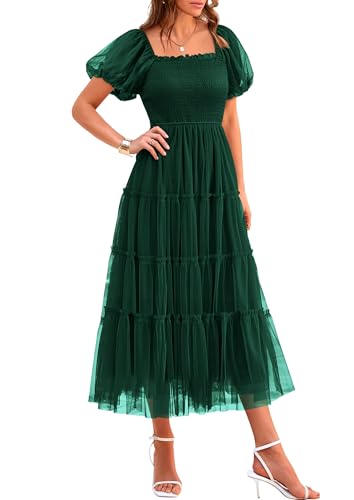 PRETTYGARDEN Women's Summer Smocked Midi Tulle Dress - color: Dark Green, size: Large