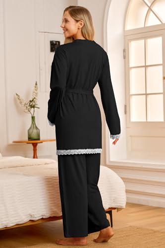 OUGES Womens Cotton Blend Maternity Nursing Robe Set 3 PCS Postpartum 3 in 1 Labor Delivery Hospital Pjs Tank Top & Pants - color: Black, size: Large