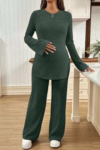 BLENCOT Maternity 2 Piece Outfits Ribbed Knit Long Sleeve Sets - color: Mist Green, size: Medium