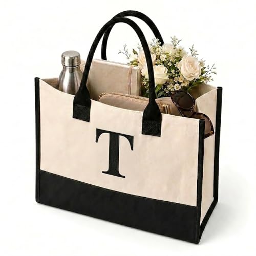 Salt Earth Canvas Tote Bag for Women, Personalized Initial Monogram Tote, Beach Grocery Utility Tote for Travel & Work - color: T, size: Soho Signature