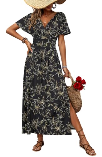 AUSELILY Maxi Dresses V Neck Flutter Sleeve Slit Summer Dress with Pockets - color: Black Gold Leaf, size: Medium