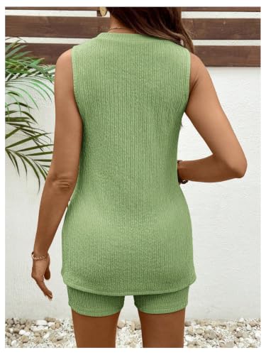 OYOANGLE Women's Two Piece Maternity Outfit Slit Hem Sleeveless Shorts Set - color: Light Green, size: Medium