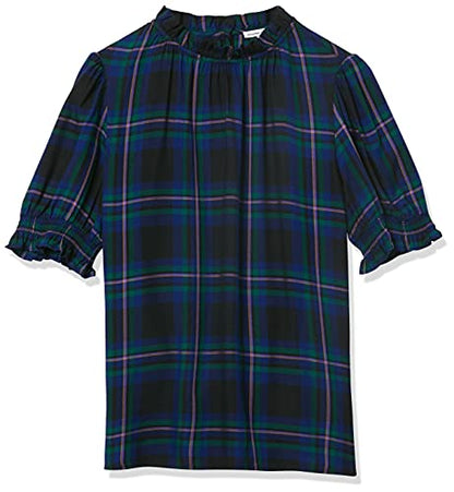 Amazon Essentials Women's Fluid Twill Short Puff Sleeve Ruffle Smock Detail Blouse - color: Black Multi Chelsea Tartan, size: X-Small