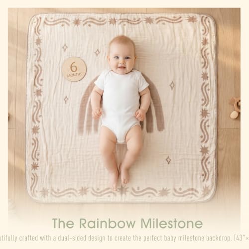 Muslin Baby Blanket, Organic Cotton Blend Jacquard (Boho Rainbow) - color: Rainbow Border