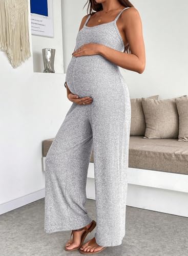 BLENCOT Maternity Ribbed Jumpsuit Stretchy One Piece Wide Leg Romper - color: Grey, size: Medium