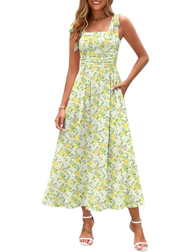 Zattcas Womens 2026 Summer Tie Shoulder Floral Maxi Dress with Pockets - color: Lemon, size: Medium