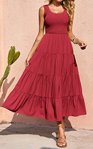 PRETTYGARDEN Women's Smocked Tank Casual Plain Maxi Sundress with Pockets - color: Red, size: Medium