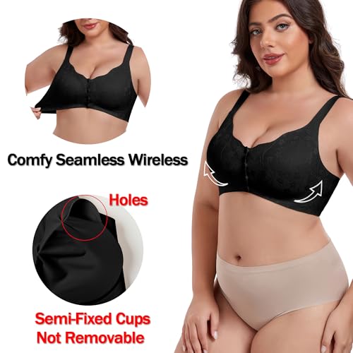 IWOLLENCE Womens Front Snap Closure Daisy Bras Soft Seamless Wireless Lace Bralettes Comfort Full Coverage Bra - color: Black, size: Large