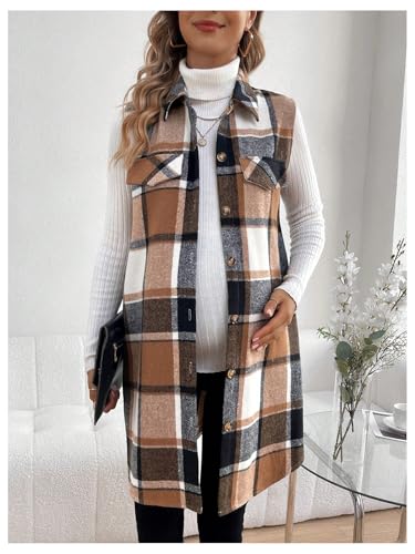 MakeMeChic Women's Maternity Plaid Flannel Vest Collared Pregnancy Coat - color: Brown, size: Large