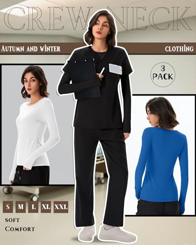 Neer 3 Pack Womens Long Sleeve Underscrub Shirts - color: Black, White, Blue, size: Medium