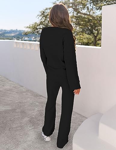 MEROKEETY Women's Fall Fleece 2 Piece Outfits Pajama Lounge Sets - color: Black, size: Medium