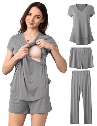 SUNNYBUY 3 PCS Maternity Breastfeeding Pajamas Set with Hidden Nursing Top - color: Gray, size: Small