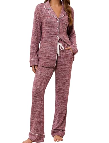 Leikar Button Up Pajama Set For Women Long Sleeve Shirt And Pajama Pants Soft Pjs Lounge Sets - color: A-thickened Red, size: Medium