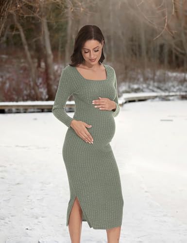 LAHILO Long Sleeve Knit Ribbed Maternity Sweater Dress for Fall Winter - color: Greenish Gray, size: Small