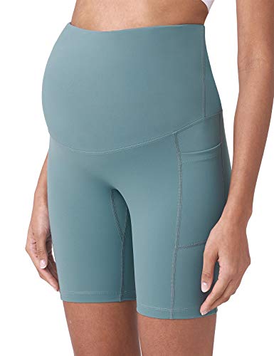 POSHDIVAH Maternity Biker Shorts Over the Belly with Pockets 5"/8" - color: Light Green, size: Medium