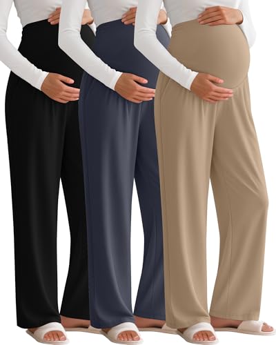 3 Pack Women's Maternity Lounge Pants with Pockets - color: Black, Charcoal Gray, Khaki, size: Medium