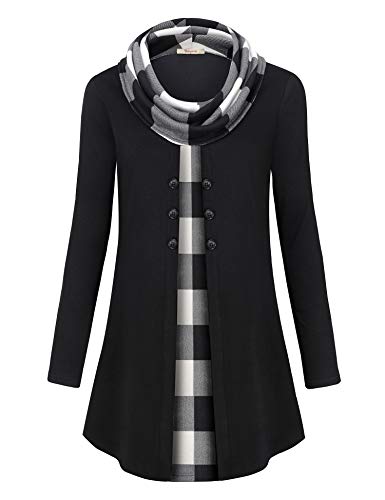 Bebonnie Womens Long Sleeve Cowl Neck Warm Splicing Tunic Tops with Buttons - color: Black 2, size: Medium