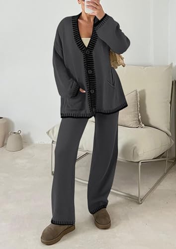 PRETTYGARDEN Women's Fall 2 Piece Knit Sweater Lounge Set - color: Dark Grey, size: Small