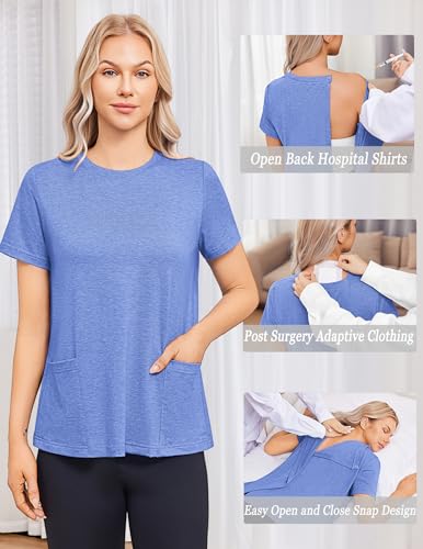 Deyeek Post Surgery Shirts for Women Tear Away Snap Open Back Hospital Tops - color: Blue, size: Large