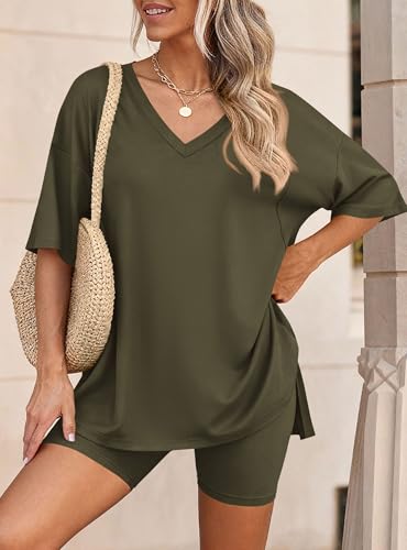 PRETTYGARDEN Womens 2 Piece Outfit Lounge Short Sets - color: Army Green, size: Small