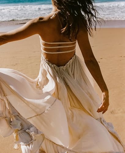 R.Vivimos Womens Summer Boho Sexy Backless Long Dresses - color: Beige, size: Small