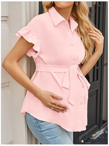 MakeMeChic Women's Maternity Nursing Work Blouse Pregnancy Ruffle Tops - color: Light Pink, size: Small