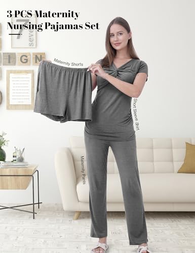 3-Piece Maternity Nursing Pajamas Set for Pregnancy & Postpartum - color: Dark Gray, size: Small