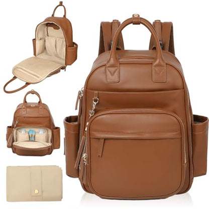 Omanmoli Diaper Bag Backpack Leather Baby Bag Large Travel Diaper Backpack - color: Congac