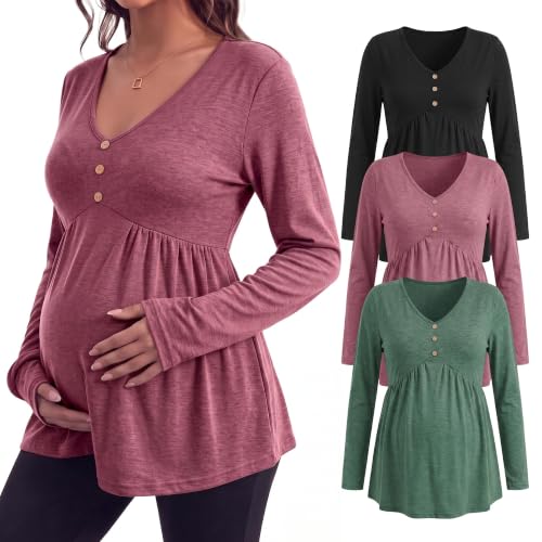 Cutecrop 3 Pack Maternity Long Sleeve V Neck Shirt - color: Black, Pink, Green, size: Medium