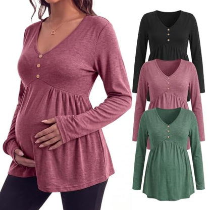 Cutecrop 3 Pack Maternity Long Sleeve V Neck Shirt - color: Black, Pink, Green, size: Medium