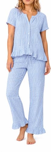 Gingham Cotton Pajamas for Women 2 Piece Cute Ruffle Plaid PJS Set Lounge - color: Blue, size: X-Large