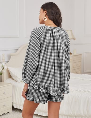 COZYPOIN Womens Gingham Pajama Set 2 Piece 100% Cotton Ruffle Lounge Set - color: Black, size: Small
