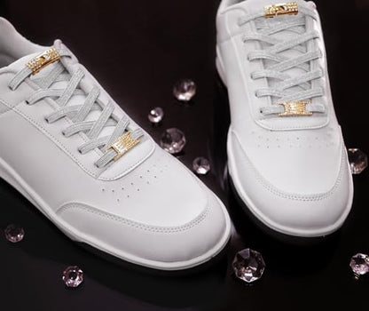 Elastic No Tie Shoe Laces with Bling Diamond Locks & Charms for Women's Sneakers - color: 01 Glitter White- Gold