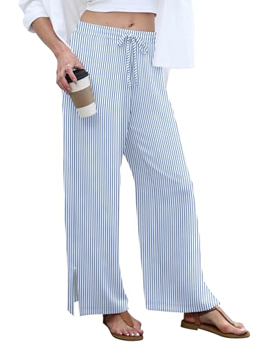 Sampeel Womens Wide Leg Beach Pants Elastic Waist Lightweight Casual Flowy Palazzo Lounge Trousers with Pockets - color: Blue Stripes, size: Small