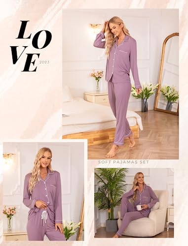 Leikar Button Up Pajamas For Women Long Sleeve Viscose Soft Pjs Lounge - color: Violet, size: Small