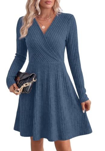 WIH0LL Womens Fall Dresses 2026 Long Sleeve Wrap Sweater Dress with Pockets - color: Blue, size: Medium