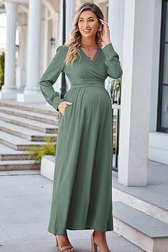 OUGES Women's Wrap Pregnancy Maxi V Neck Fall Baby Shower Maternity Dress - color: Gray Green, size: Small